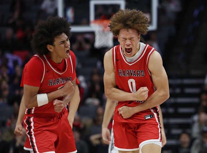 Harvard-Westlake's Trent Perry and Robert Hinton celebrate during Saturday's CIF State Open Division championship game